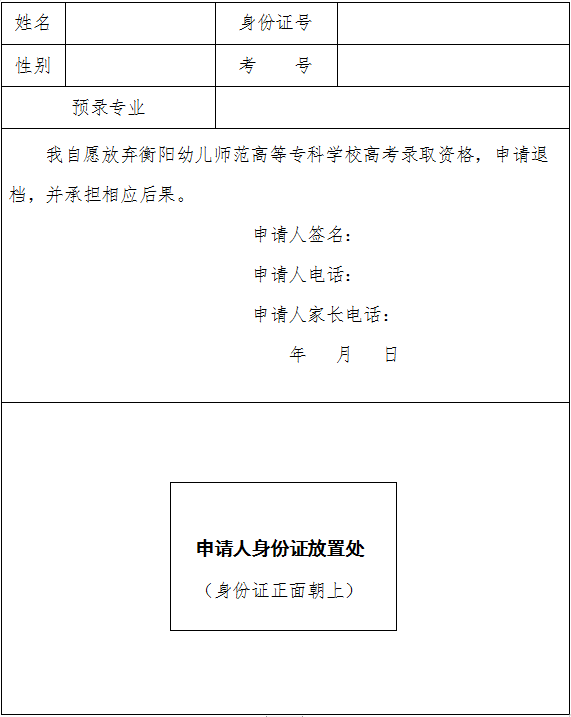 自愿放棄衡陽幼兒師范高等?？茖W校2020年高考錄取資格申請表